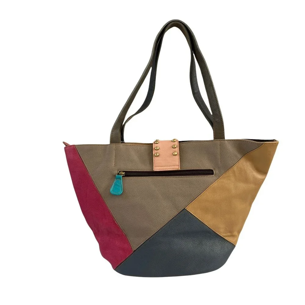 NWT AmeriLeather Thea Leather Tote Bag Boho Colorful Purse Studs Brass P… - Picture 2 of 14